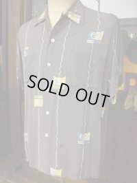 1950'S KAHANAMOKU ATOMIC PRINT GRAY RAYON HAWAIIAN SHIRT SZ/L