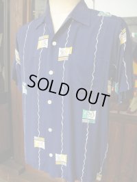 1950'S KAHANAMOKU ATOMIC PRINT NAVY RAYON HAWAIIAN SHIRT SZ/M
