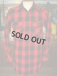 1950'S MONTGOMERY WARD RED X BLACK BUFFALO PLAID WOOL SHIRT  SZ/14H