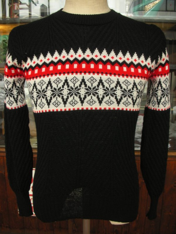 画像5: 1950'S ROBIN HOOD SNOWFLAKE BORDER BLACK JAQUARD KNIT SWEATER 