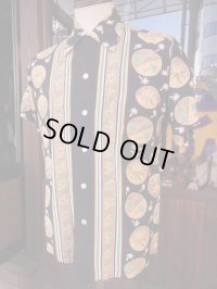 1950'S KAHANAMOKU BLACK RAYON BORDER PATERN HAWAIIAN SHIRT SZ/M