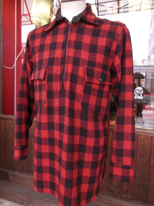 画像3: 1930'S BUCK SKEIN REDXBLACK  PLAID WOOL HALF ZIP PULL OVERSHIRT  SZ/14H