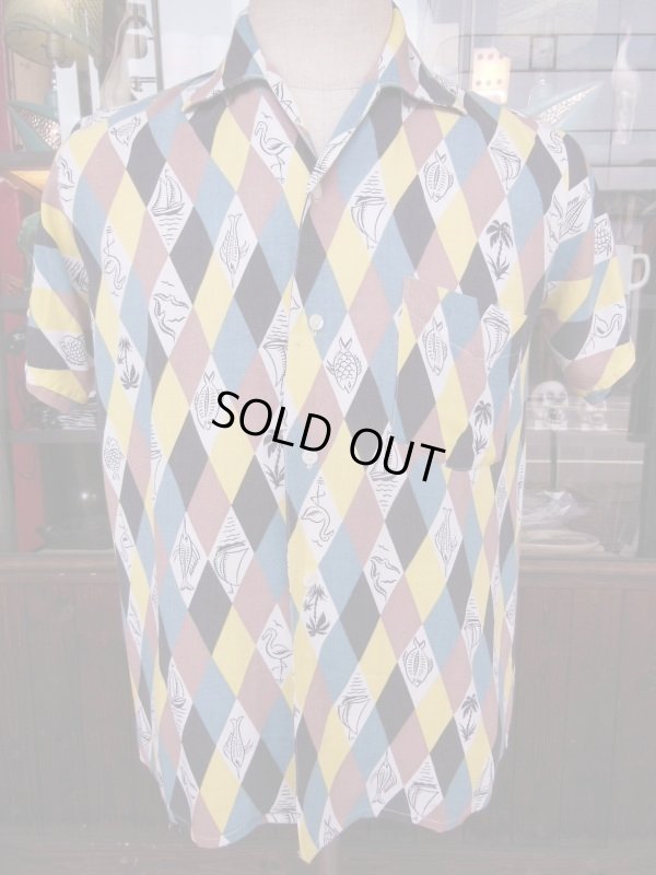 画像5: 1950'S MERITUS RESORT PRINTED HARLEQUIN RAYON SHIRT SZ/SM