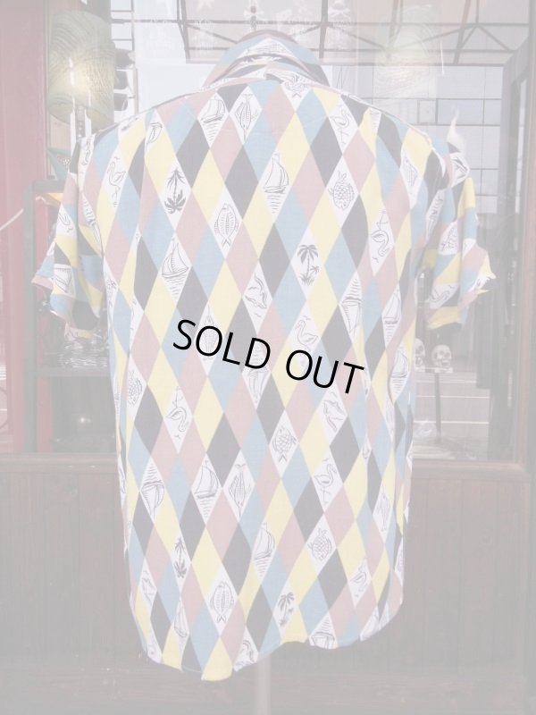 画像7: 1950'S MERITUS RESORT PRINTED HARLEQUIN RAYON SHIRT SZ/SM