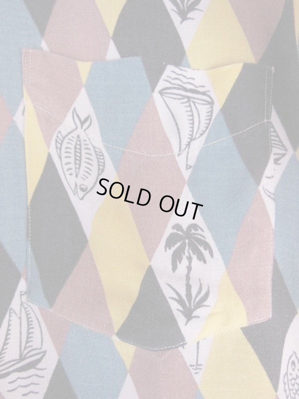 画像10: 1950'S MERITUS RESORT PRINTED HARLEQUIN RAYON SHIRT SZ/SM