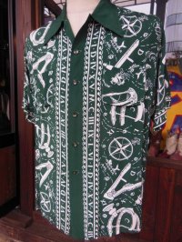 1940'S HAVENERS NAUTICAL BORDER PRINTED RAYON CAVANA SHIRT SZ/L