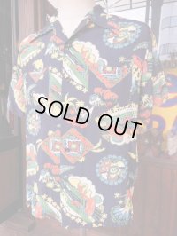 1940'S PENNEY'S DARK NAVY RAYON HAWAIIAN SHIRT SZ/M