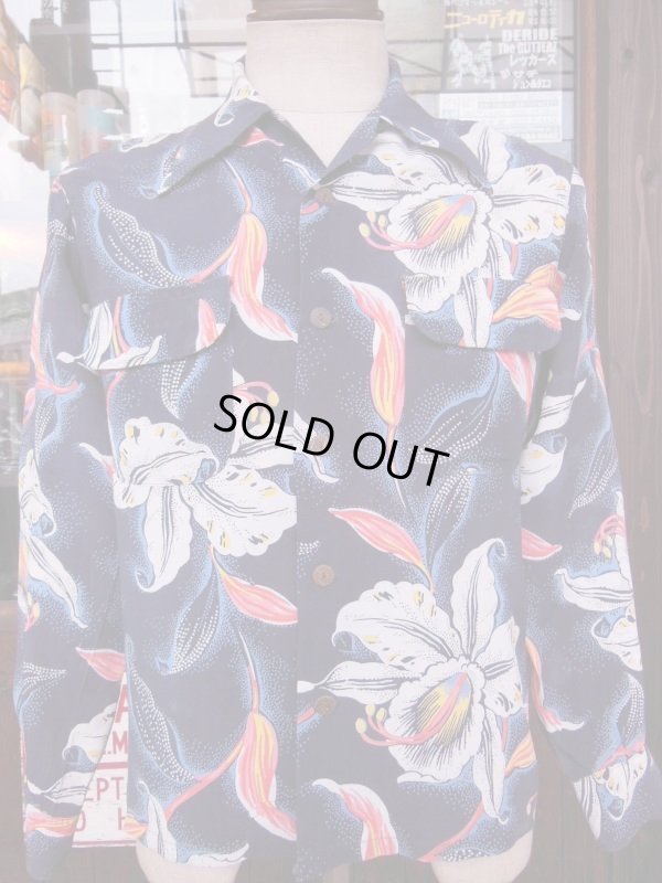 画像4: 1950'S HOLLYWWOD RAMBLER NAVY HAWAIIAN SHIRT L/S/SZ/SMALL