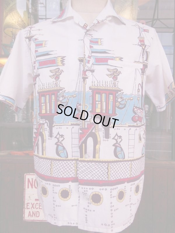 画像12: 1950'S CARIFORNIA NAUTICAL HORIZONTAL PRINT COTTON SHIRT/MEDIUM 