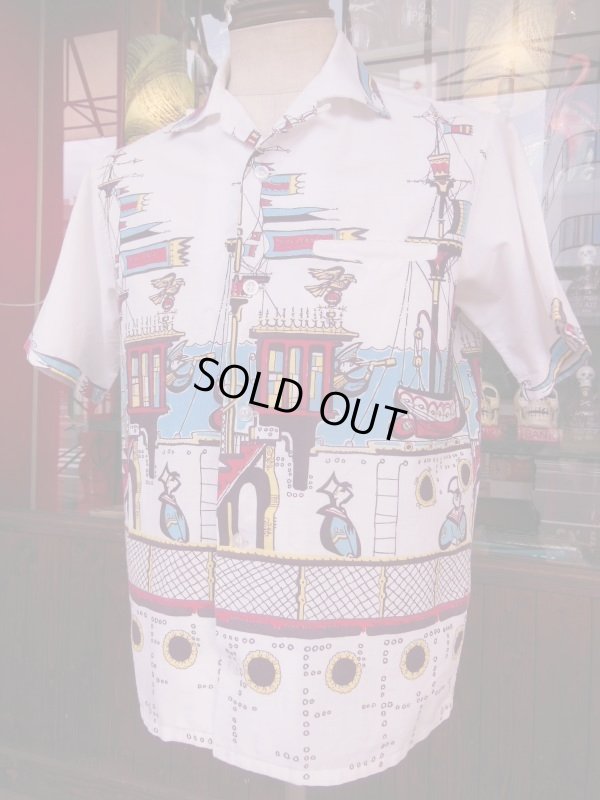 画像13: 1950'S CARIFORNIA NAUTICAL HORIZONTAL PRINT COTTON SHIRT/MEDIUM 