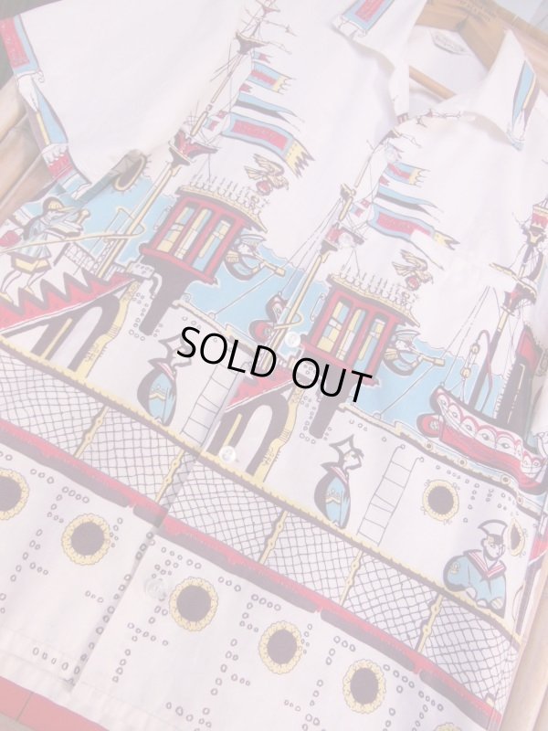 画像5: 1950'S CARIFORNIA NAUTICAL HORIZONTAL PRINT COTTON SHIRT/MEDIUM 