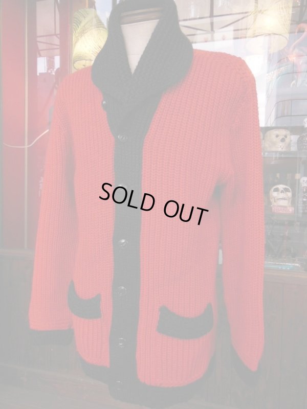 画像14: 1950'S CARL-RITE RED AND BLACK TWO TONE SHAWL COLLAR KNIT CARDIGAN
