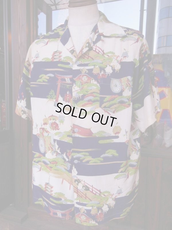 画像12: 1950'S UNKNOWN "HEIAN"LANDSCAPE JAPANESE RAYON HAWAIIAN SHIRT SZ/L 