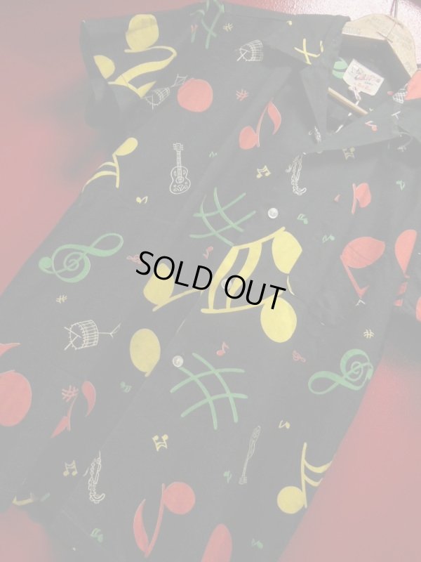 画像3: 1950'S CALIPSO by ROBROY MUSICAL NOTES PRINTED SHIRT/YOUTH16/ビンテージ 黒コットン 音符柄　シャツ 50S 