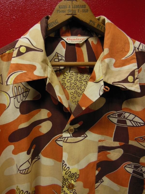 画像4: 1950'S GANTNER ABSTRUCT ATOMIC FISH PRINTED COTTON SHIRT SZ/L 