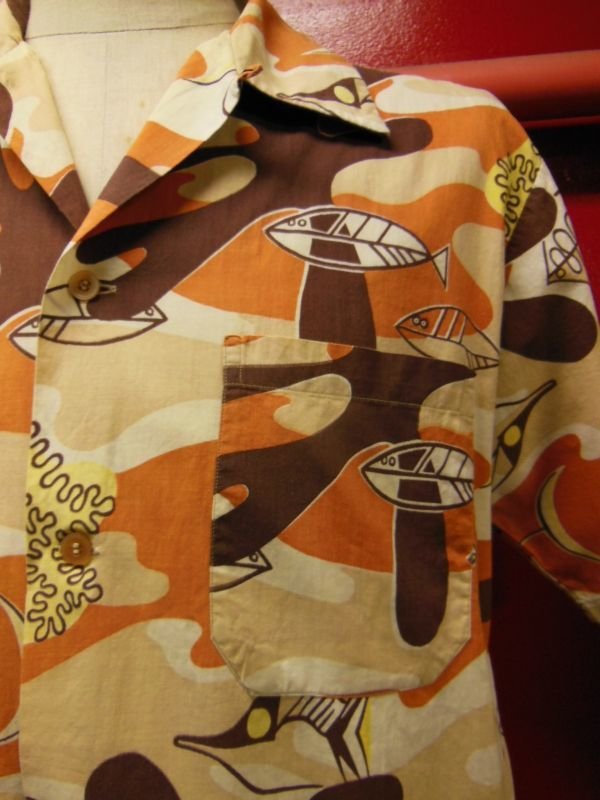 画像8: 1950'S GANTNER ABSTRUCT ATOMIC FISH PRINTED COTTON SHIRT SZ/L 