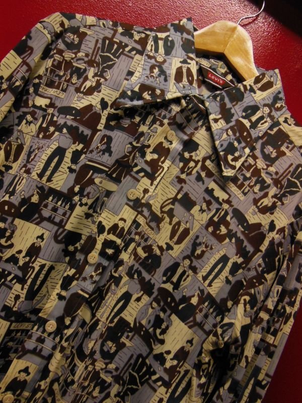 画像1: 70S ビンテージ US古着 LEVI'S リーバイス ポリシャツ開拓時代のサルーン酒場プリント/Lサイズ 