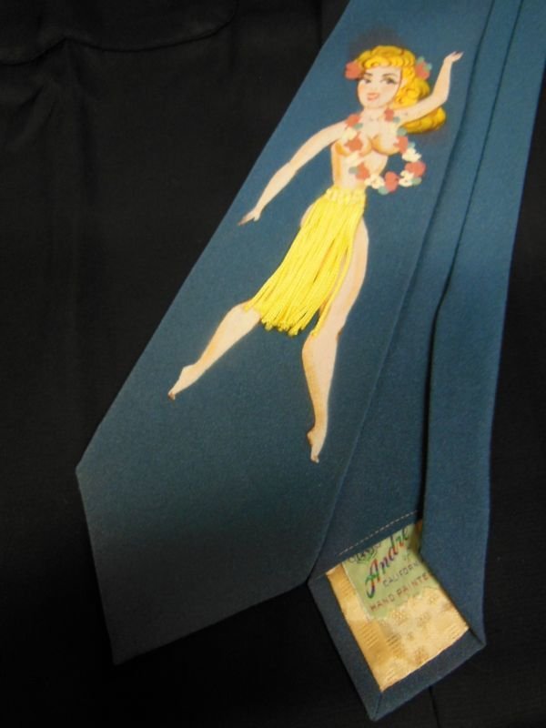 画像6: 1950'S HAWAIIAN HULA GIRL PIN UP TIE/青緑/ハンドペイント ピンナップ ネクタイ/5