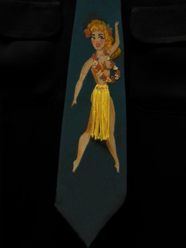 画像3: 1950'S HAWAIIAN HULA GIRL PIN UP TIE/青緑/ハンドペイント ピンナップ ネクタイ/5