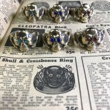 1930'S REPRODUCTION OLD SKULL & CROSSBONES RING GLASS EYES/RED/BLUE/GREEN /MADE BY 1930'S ORIGINAL MOLD 