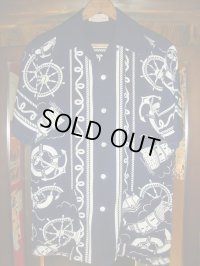 〜1950'S NAUTICAL BORDER PRINTED RAYON SHIRT SZ/S