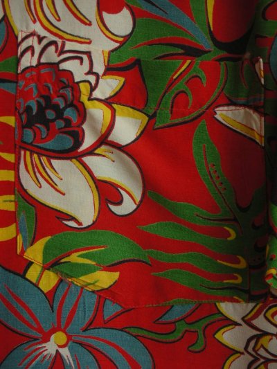 画像3: 1950'S JANTZEN FLOWER PRINTED RED RAYON HAWAIIAN SHIRT /M