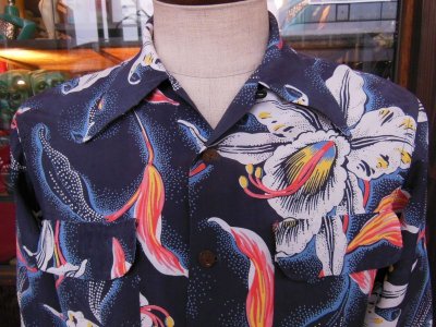 画像1: 1950'S HOLLYWWOD RAMBLER NAVY HAWAIIAN SHIRT L/S/SZ/SMALL