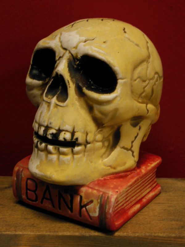 1950'S〜 SKULL ON BOOK BANK ヴィンテージ陶器製スカル骸骨貯金箱2