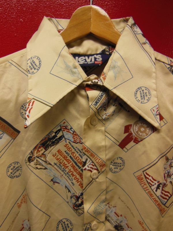 70S ビンテージ US古着 LEVI'S リーバイス ポリシャツ 20世紀初頭万博等のポストカード総柄プリント/Sサイズ